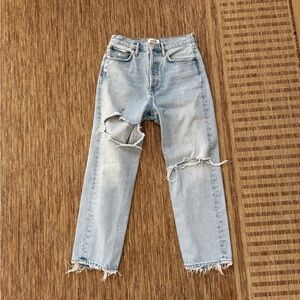 Agolde Light Blue Distressed Straight Leg Jeans